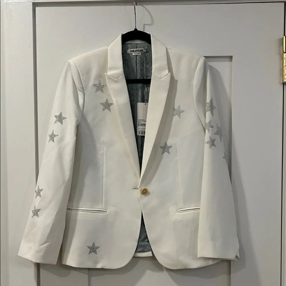 NWT Zadig & Voltaire White/Cream Blazer with Silver Star Details, Size 40/Large